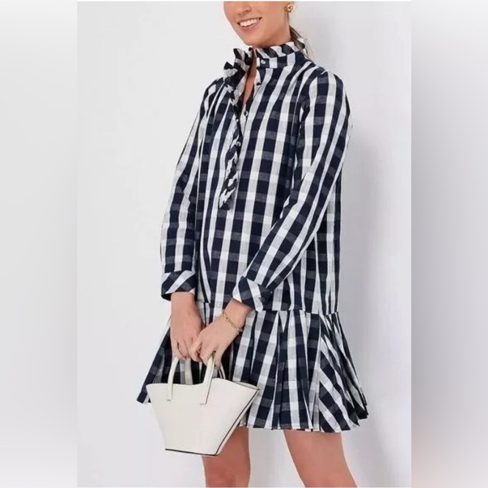 Tuckernuck Linen Blend Tate Dress Navy Check Mini Sz XXS